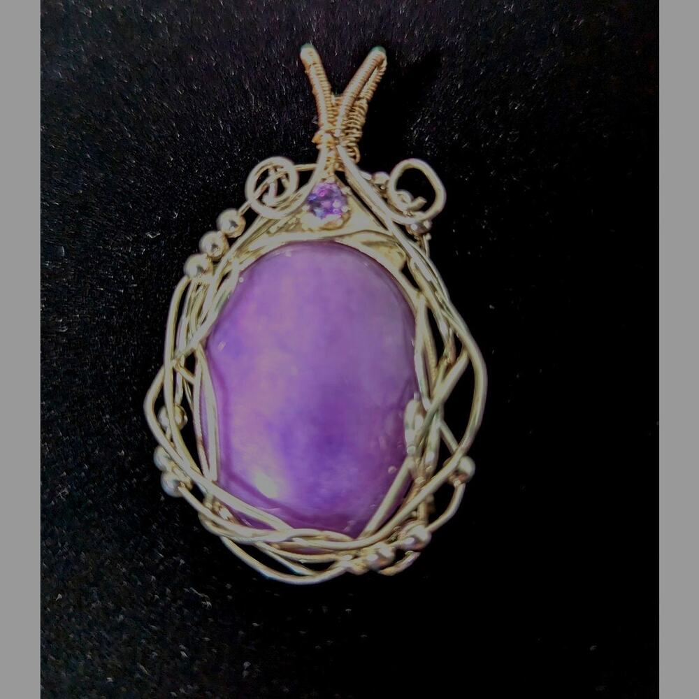 Phosphosiderite and Amethyst Pendant Lavender wire wrapped SS+ silver filled